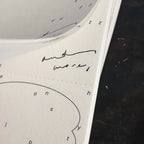 Close-up of a notebook page with handwritten text on a dark surface