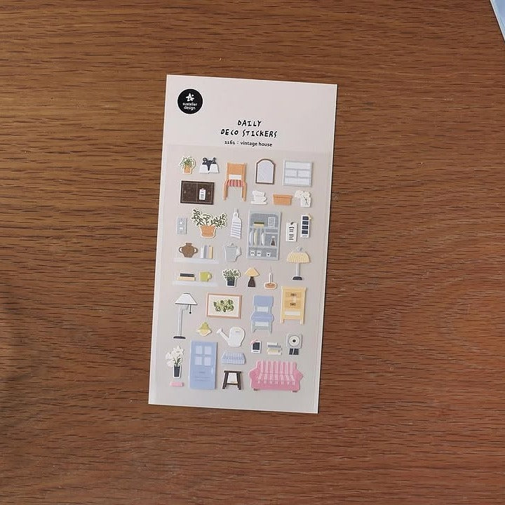 Vintage House Sticker Sheet by Suatelier, decorative stickers on a wooden surface