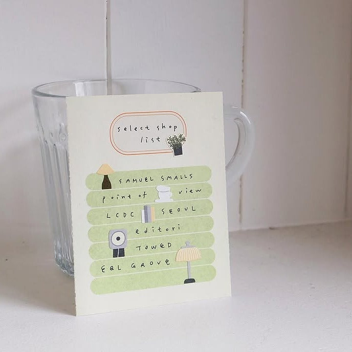 Note with a shopping list and item illustrations beside a glass container, from the Vintage House Sticker Sheet