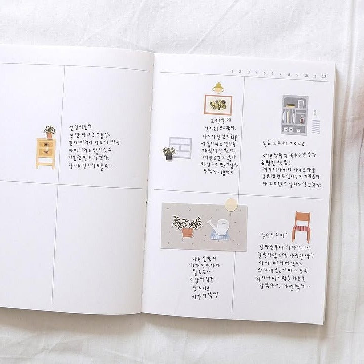 Open book with illustrations and text on a white surface, from the Vintage House Sticker Sheet