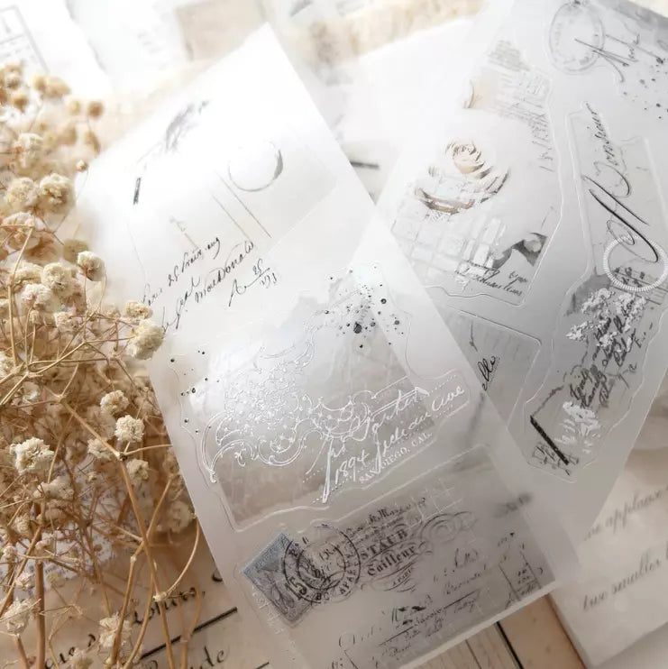 Translucent Vintage Layers PET Tape vintage designs on wood with dried flowers alongside