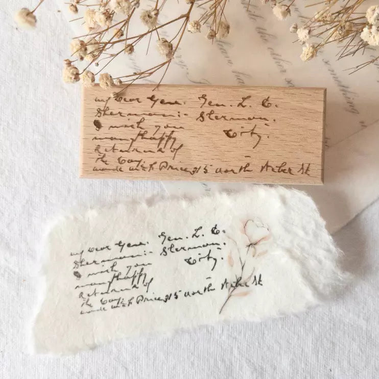 Vintage Script Rubber Stamp wooden block with engraved calligraphy on white with dried flowers