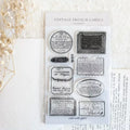 Vintage French labels on a white card with 'crea with gaby' branding.