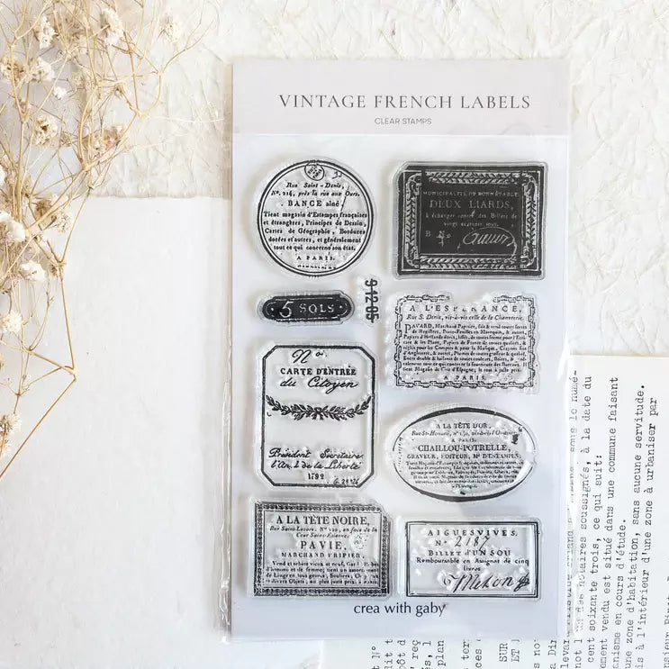 Vintage French Labels Clear Stamp impressions on a white card with crea with gaby branding