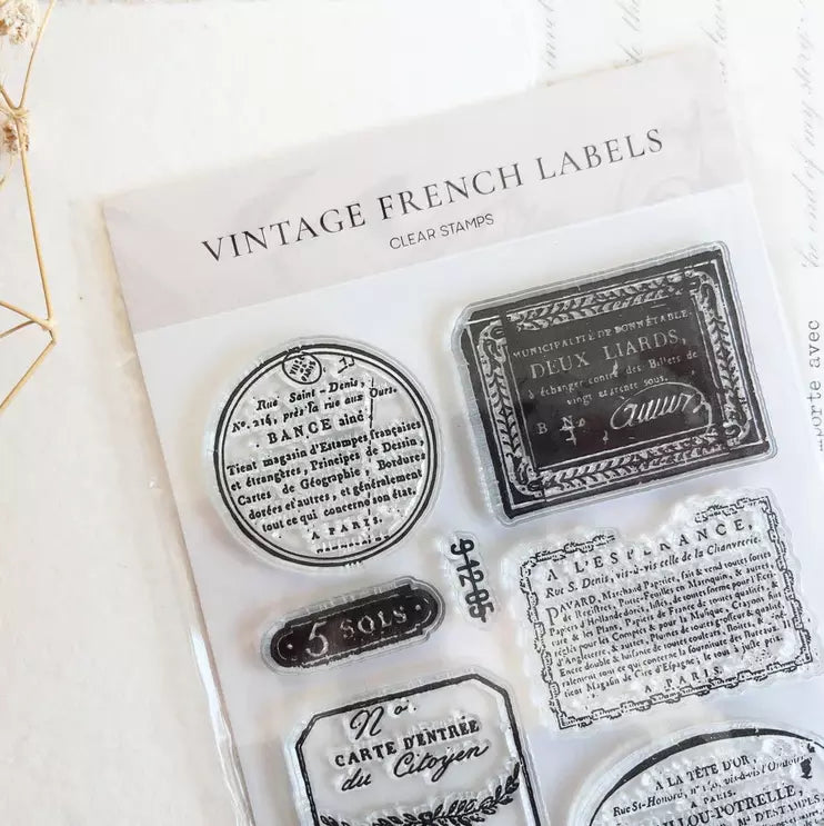 Vintage French Labels Clear Stamp set shown in its packaging on a light background