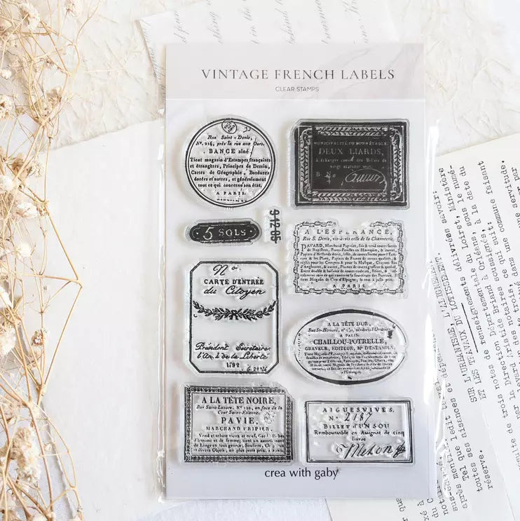 Full Vintage French Labels Clear Stamp sheet with antique label designs on a white background