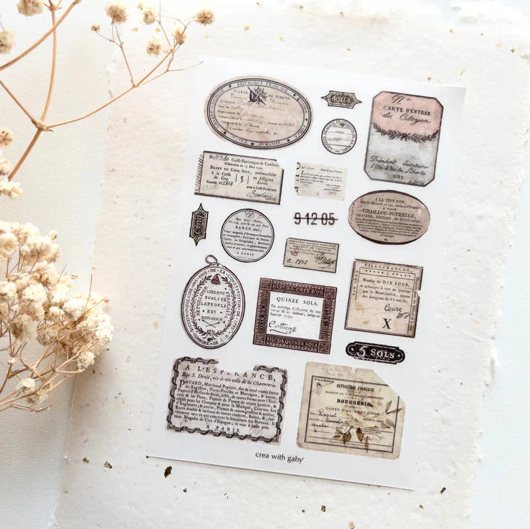 Vintage Labels Transfer Sticker collection of labels and documents styled with dried flowers