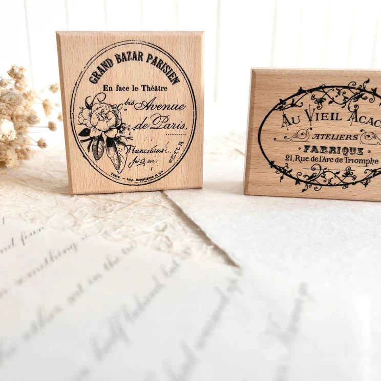 Vintage Rubber Stamp Set stamps with French script, floral illustration and ornate label designs