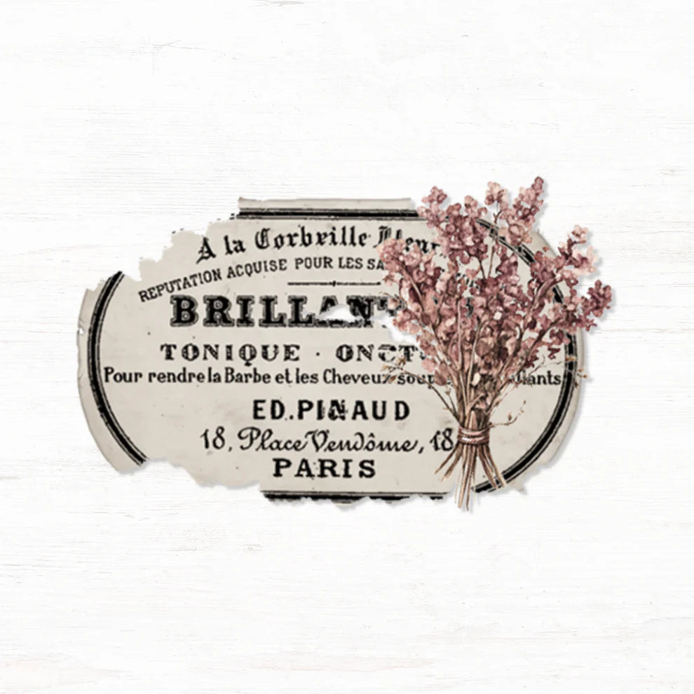 Spring Cottage Vinyl Sticker vintage label design with dried lavender on a white background