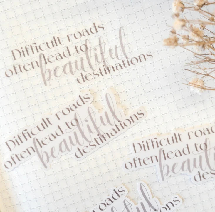 Set of Beautiful Destinations quote stickers on a white background with dried flowers