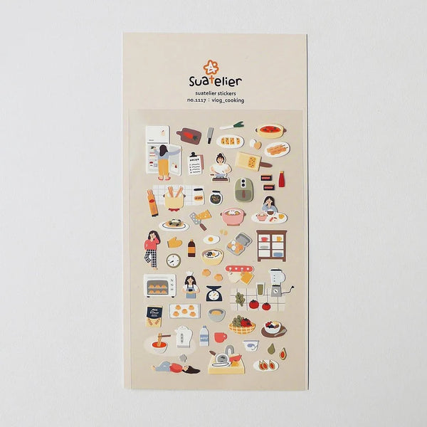 Vlog Cooking Sticker Sheet by Suatelier, decorative stickers on a beige background