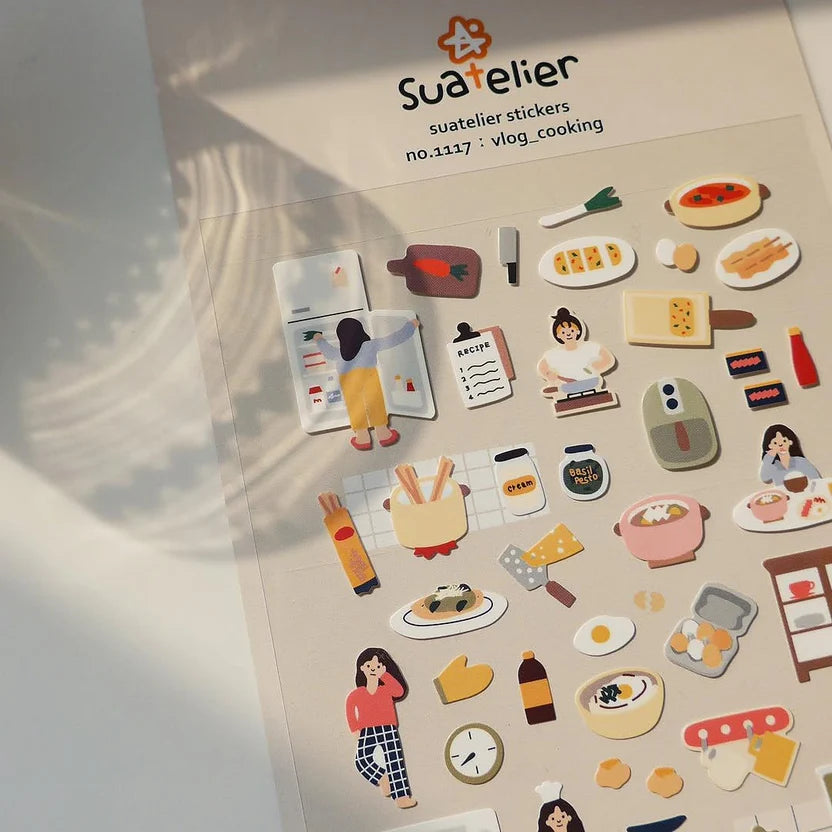 Suatelier stickers with various illustrations on a plain background, from the Vlog Cooking Sticker Sheet