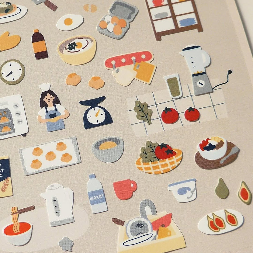 Collection of kitchen-themed stickers on a beige background, from the Vlog Cooking Sticker Sheet