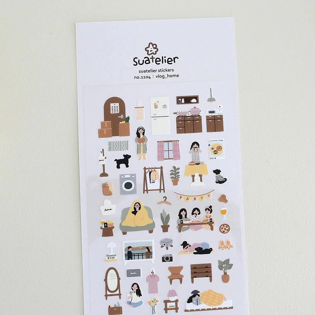 Sheet of illustrated stickers with various scenes and objects on a white background, featuring the brand 'Suatelier'.