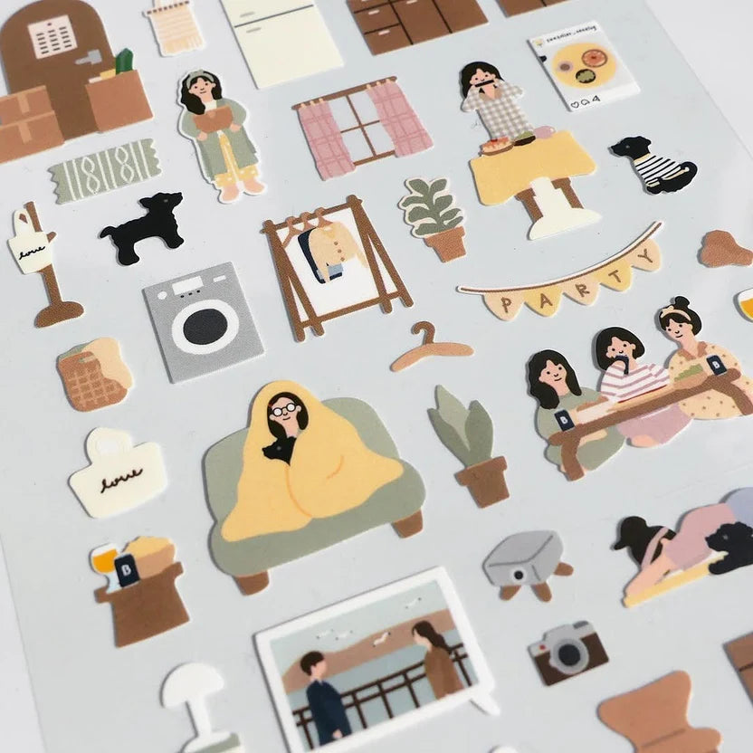 Collection of illustrated stickers on a light grey background, from the Vlog Home Sticker Sheet
