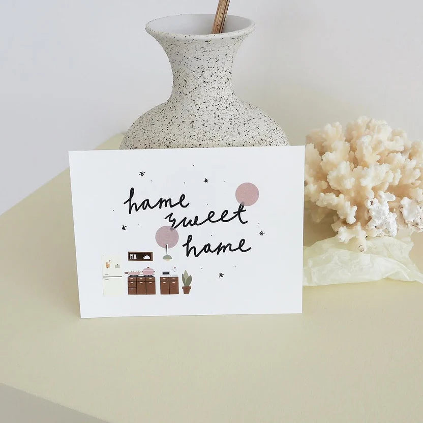 Card with 'home sweet home' text and illustrations beside a vase, from the Vlog Home Sticker Sheet