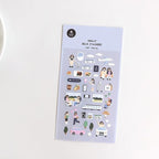 Sheet of decorative stickers with various illustrations on a white background