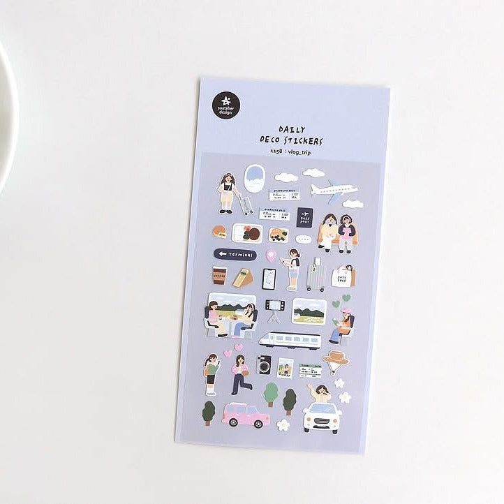 Vlog Trip Sticker Sheet by Suatelier, decorative stickers with various illustrations on a white background