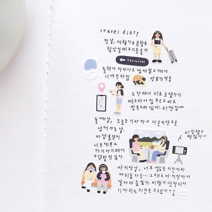 Travel diary with illustrations and text on a white background, from the Vlog Trip Sticker Sheet
