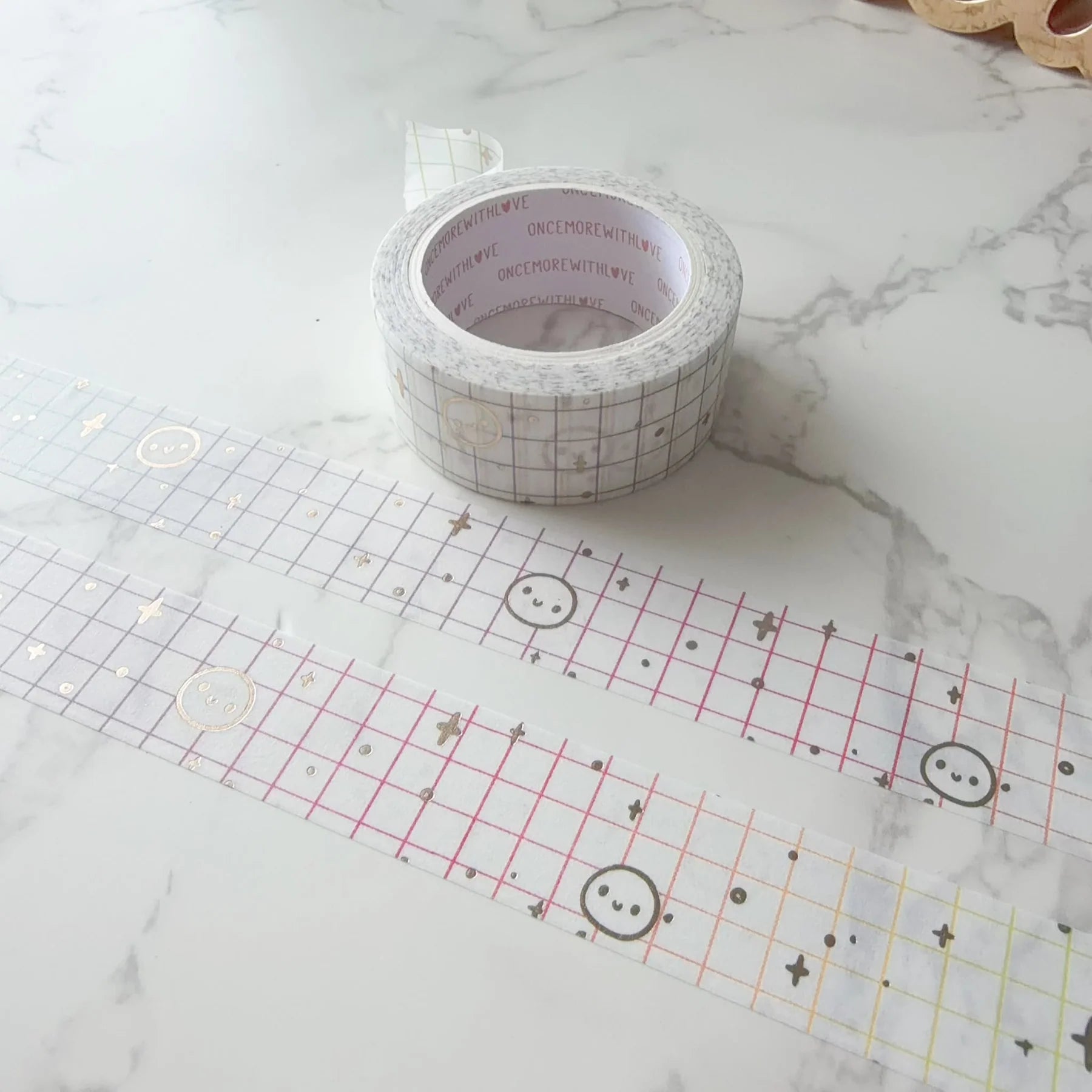 Rainbow Grid Gold Foil Washi Tape by OnceMoreWithLove, 18mm colorful grid roll with gold accents