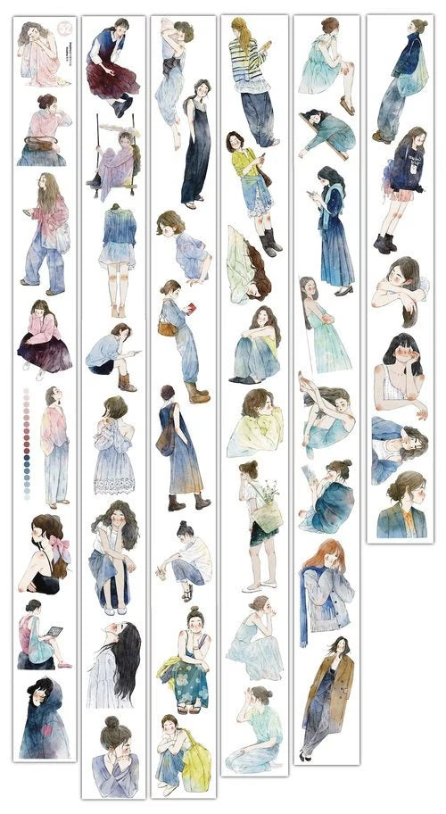Wait 52 PET Tape by DingDing — watercolour women PET tape design sheet, for journaling