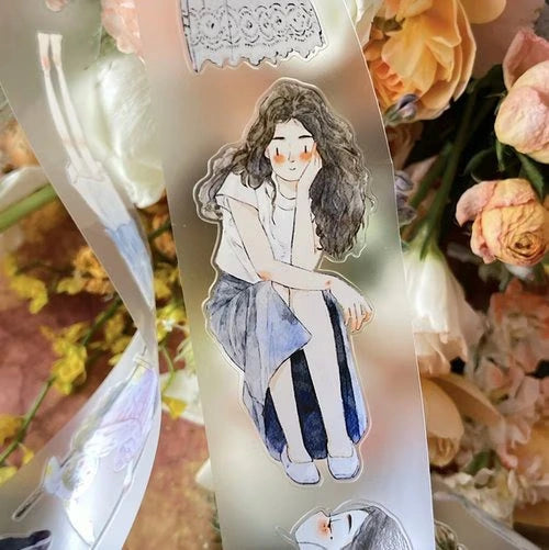 Wait 52 PET Tape by DingDing — seated long-haired girl PET tape design, for journaling