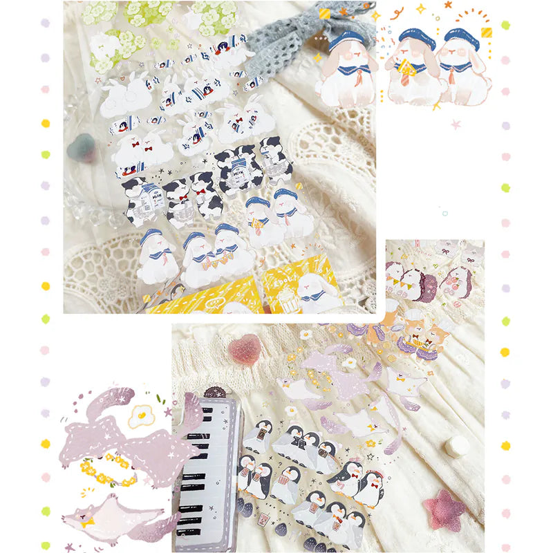 Animals In A Row PET Tape animal stickers styled with deco elements on a textured surface