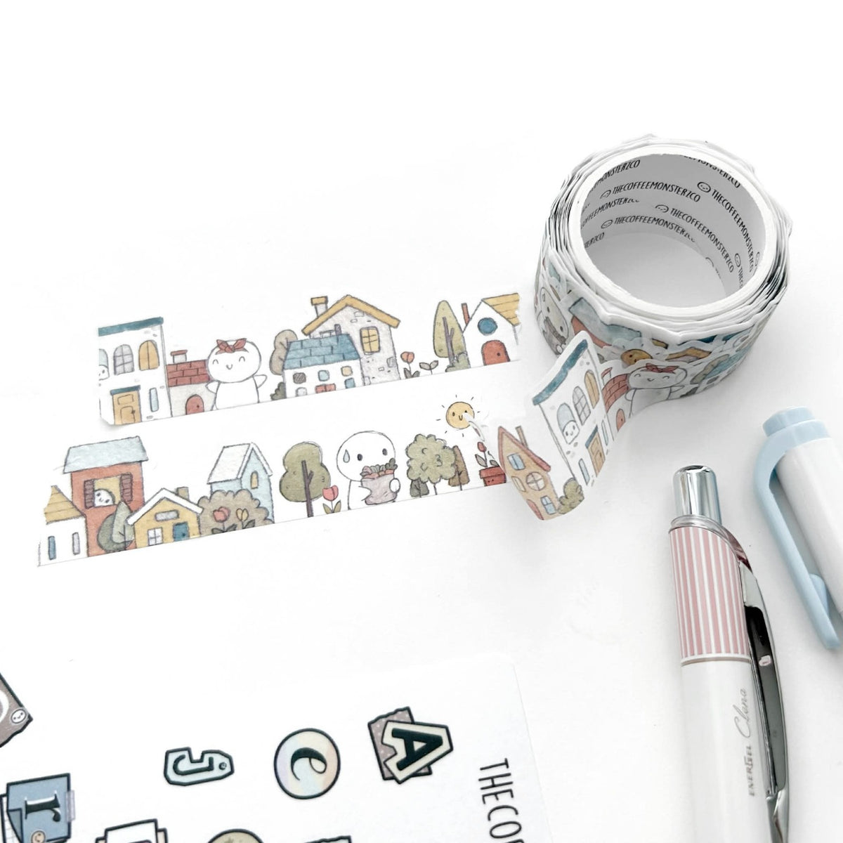 A Sunny Neighbourhood Washi Tape by The Coffee Monsterz CO — doodle-character washi tape with pens, for journaling