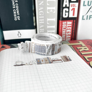 Painted Bookshelf Washi Tape by The Coffee Monsterz CO — roll of painted-bookshelf washi tape with books, for journaling