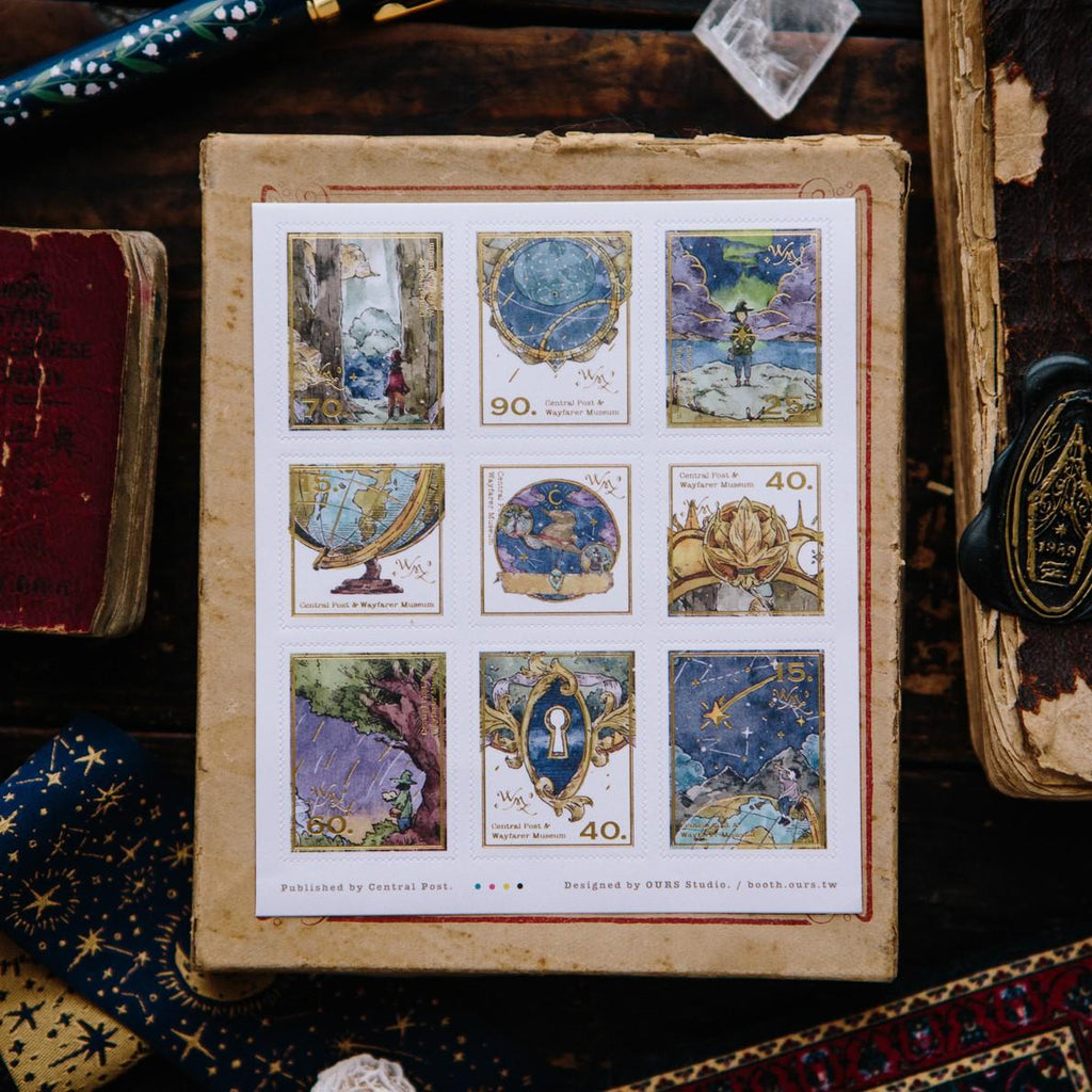 Collection of tarot cards in a vintage-style box with mystical and celestial designs.