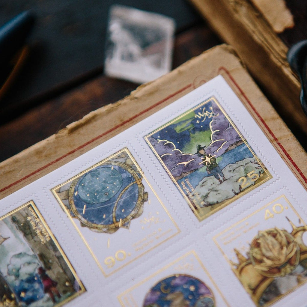 Close-up of tarot cards with starry night design on a wooden surface.