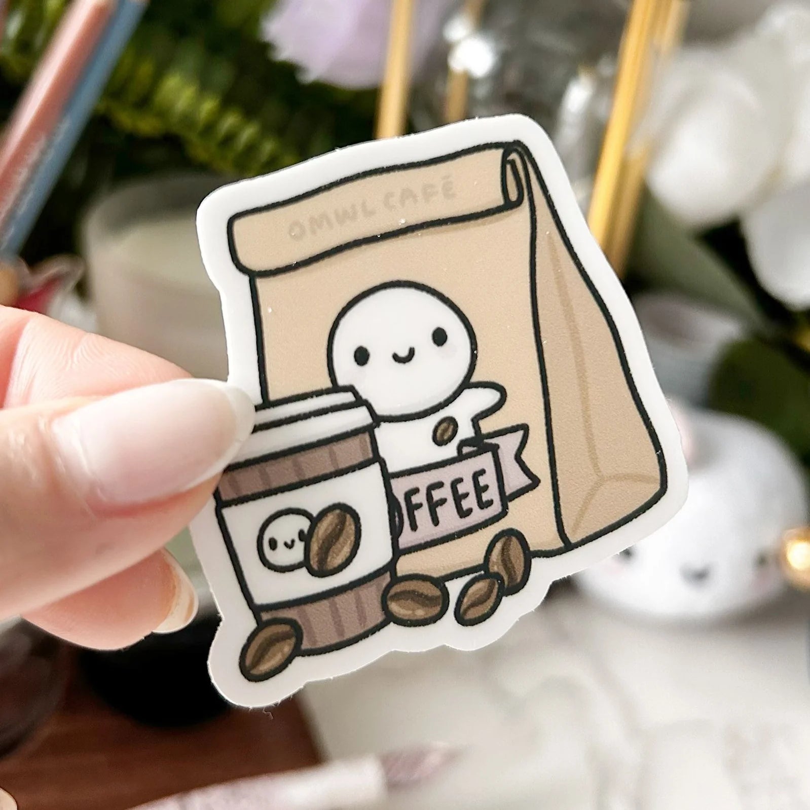 Coffee Beans Vinyl Sticker by OnceMoreWithLove, 2 inch matte waterproof cafe-themed design