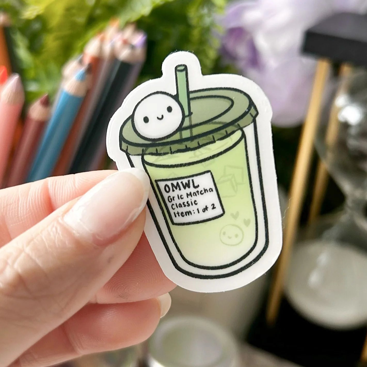 Iced Matcha Latte Vinyl Sticker by OnceMoreWithLove, 2 inch matte waterproof green drink design