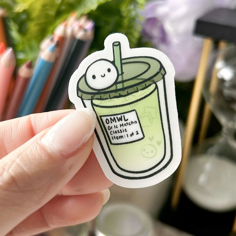 Iced Matcha Latte Vinyl Sticker by OnceMoreWithLove, 2 inch matte waterproof green drink design