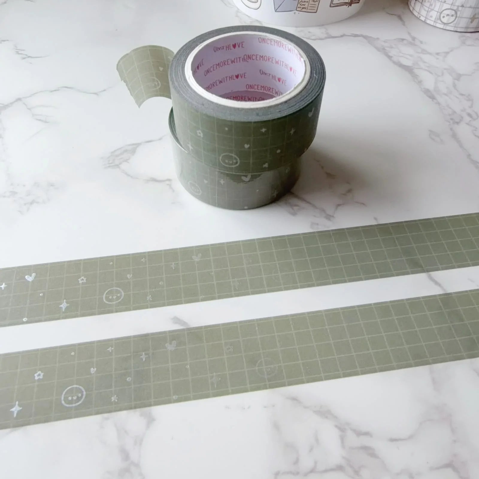 Grid Sage + Pearlized White Foil - 20mm Washi Tape Roll