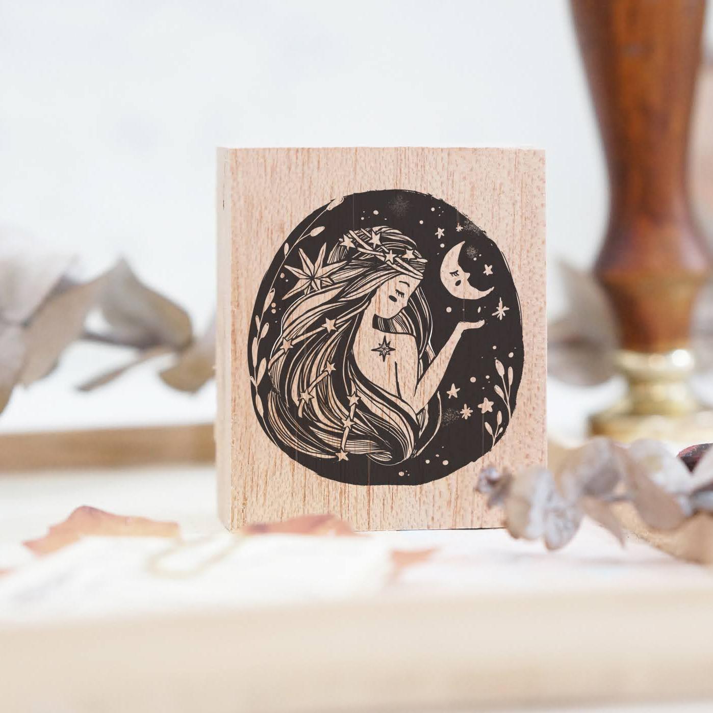 Moon Lady Rubber Stamp from the Whimsical Portrait Series with a mystical moonlit portrait design