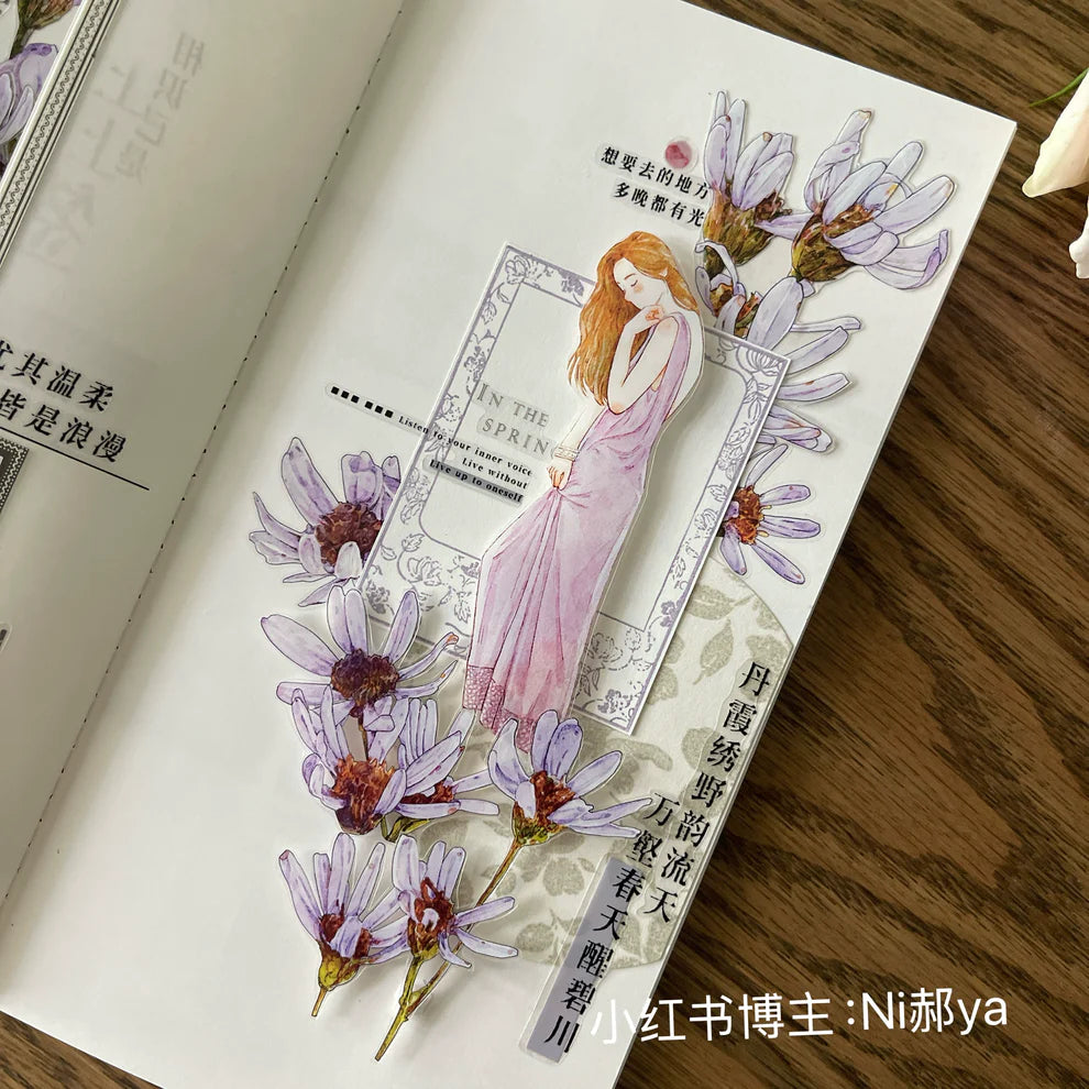 Wild Purple Flower A41 PET Tape floral bookmark styled on an open book, close-up view