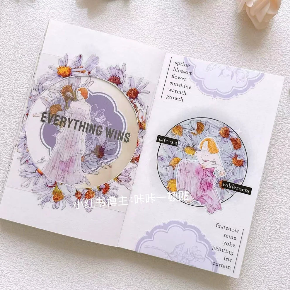 Two cards decorated with Wild Purple Flower A41 PET Tape florals and text on white
