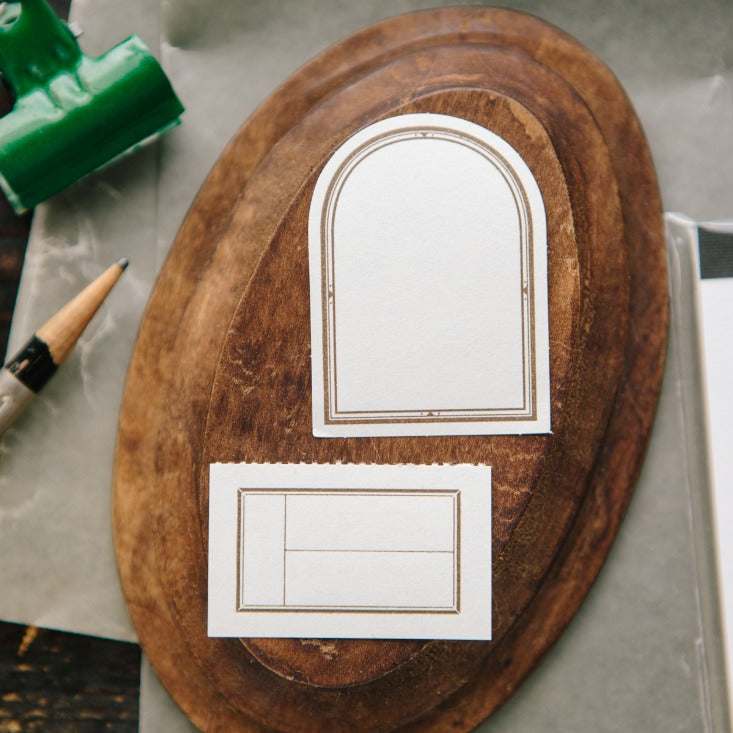 Window Label Letterpress Memo Pad arch-shaped prints with a paintbrush on a rustic surface
