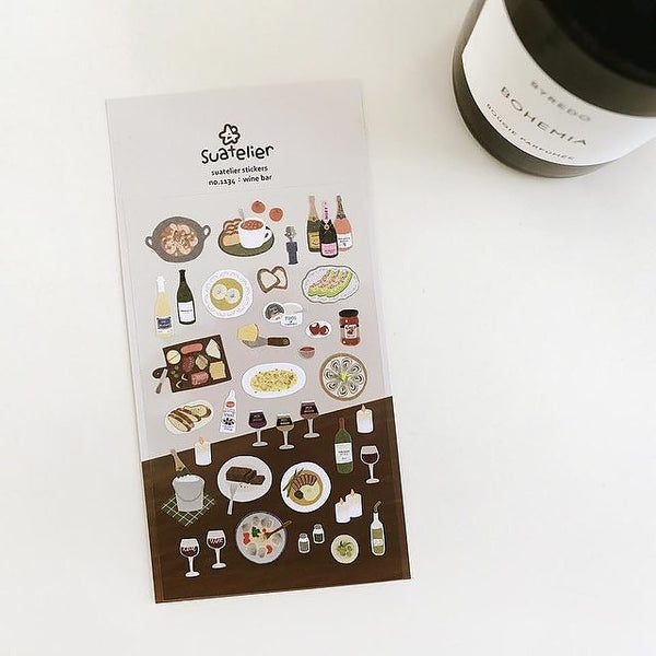 Wine Bar Sticker Sheet by Suatelier, food-themed stickers on a white surface