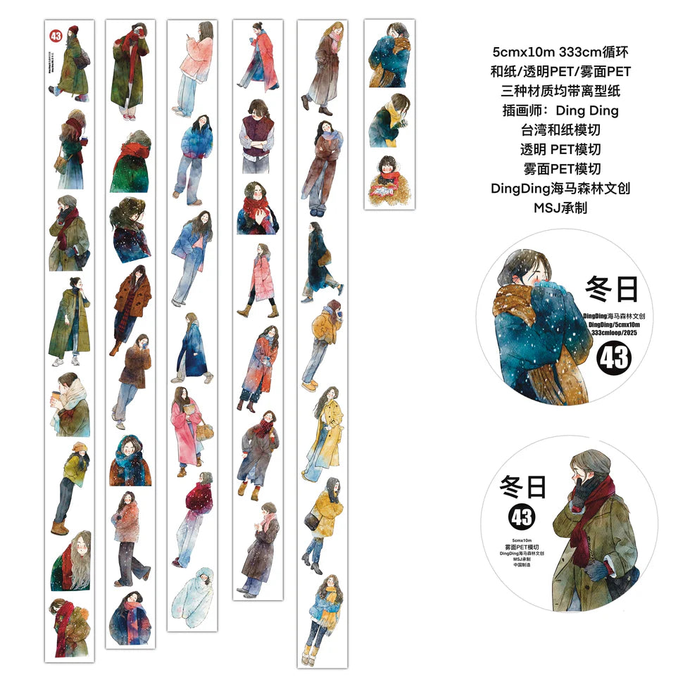 Winter Day PET Tape sheet of illustrated people in cozy winter clothing on white