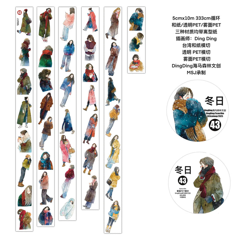 Winter Day PET Tape sheet of illustrated people in cozy winter clothing on white