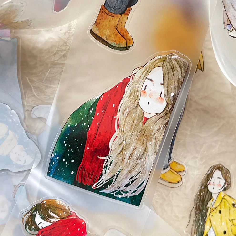 Winter Day PET Tape long-haired figure with a red scarf on a textured surface, detail view