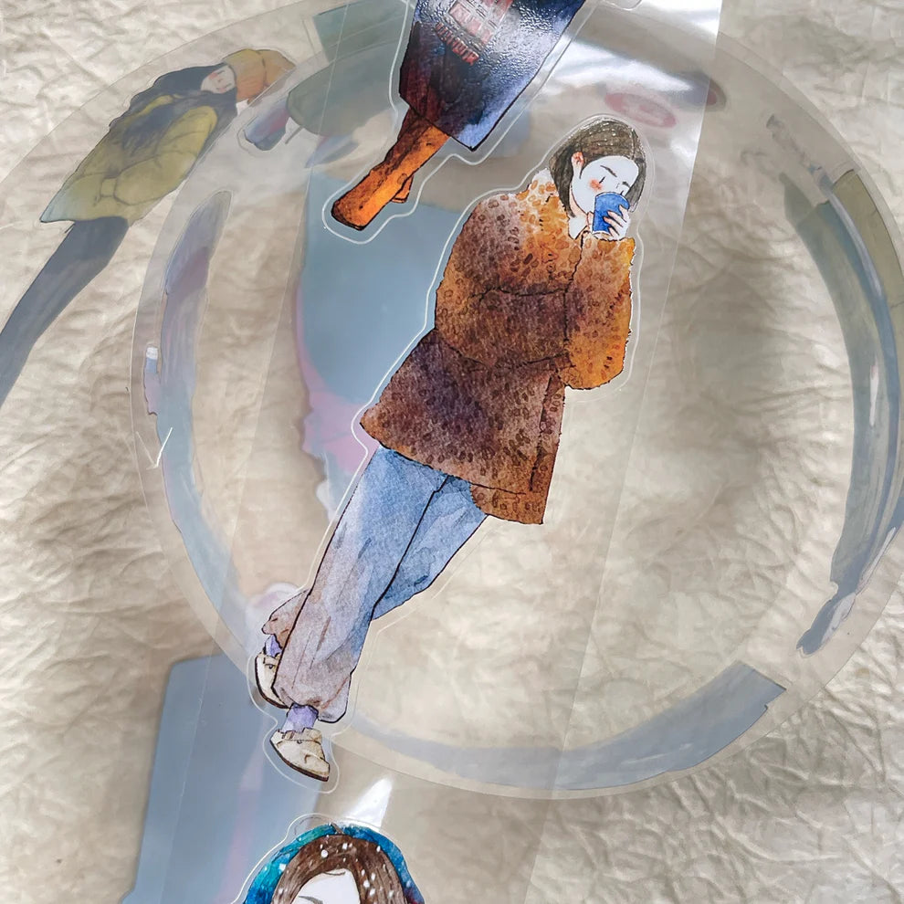 Winter Day PET Tape collage of a figure in a coat and hat on a textured surface, detail view