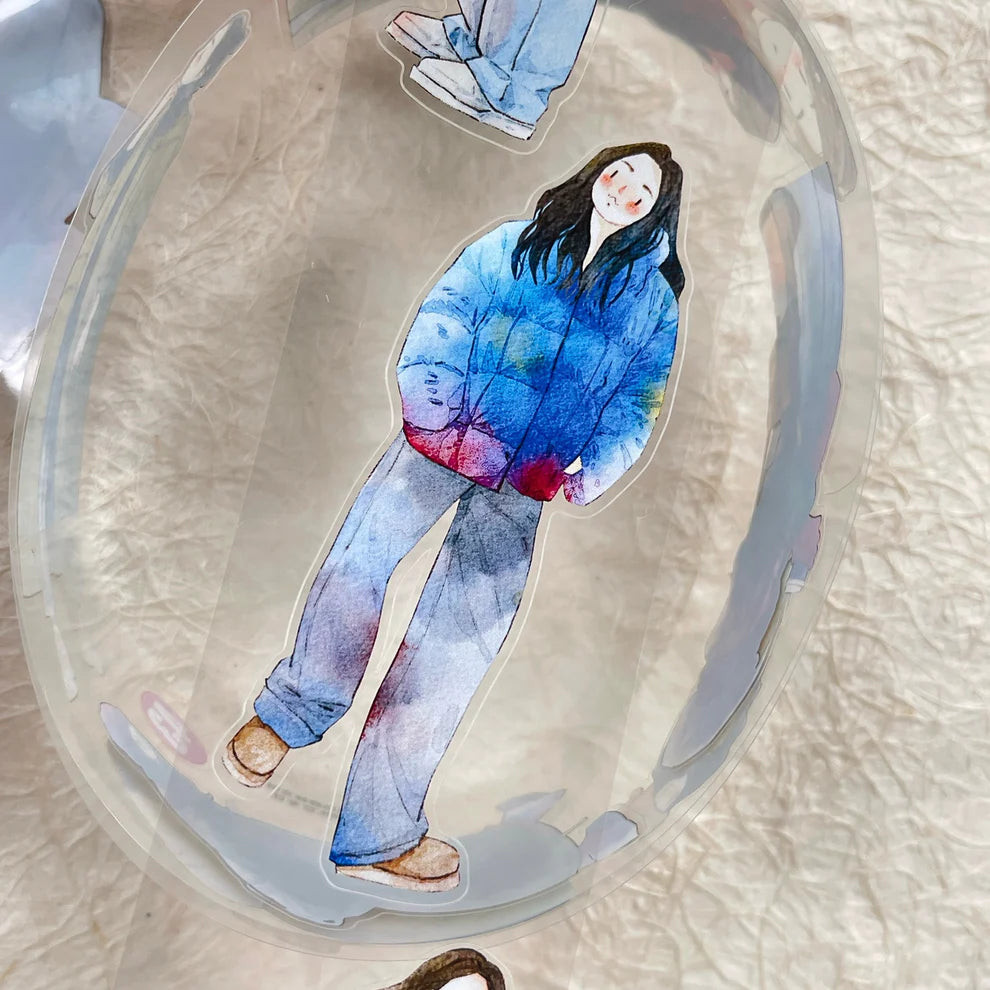 Winter Day PET Tape blue-jacket figure styled inside a glass dome, creative display