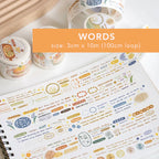 Decorative washi tape with text and designs on a notebook page, with 'WORDS' text overlay.