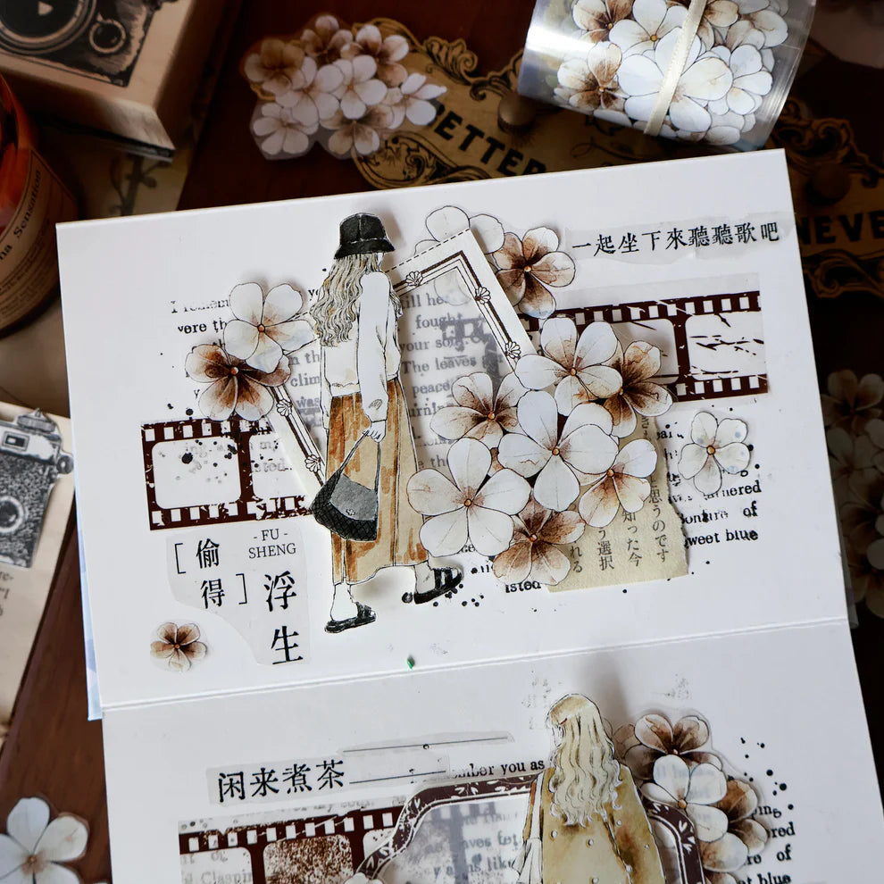 Dusk Vintage Flower PET Tape floral and film strip designs styled on a textured card