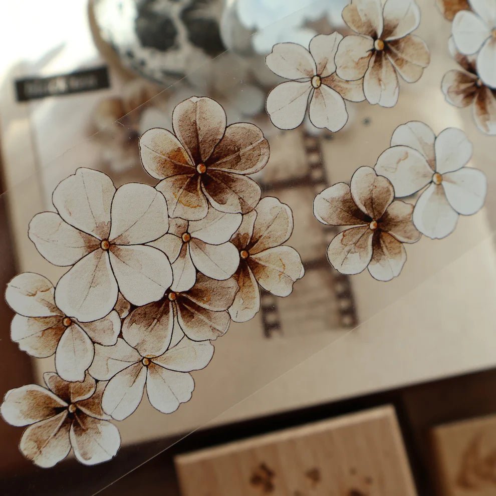Brown and white floral stickers on a textured surface