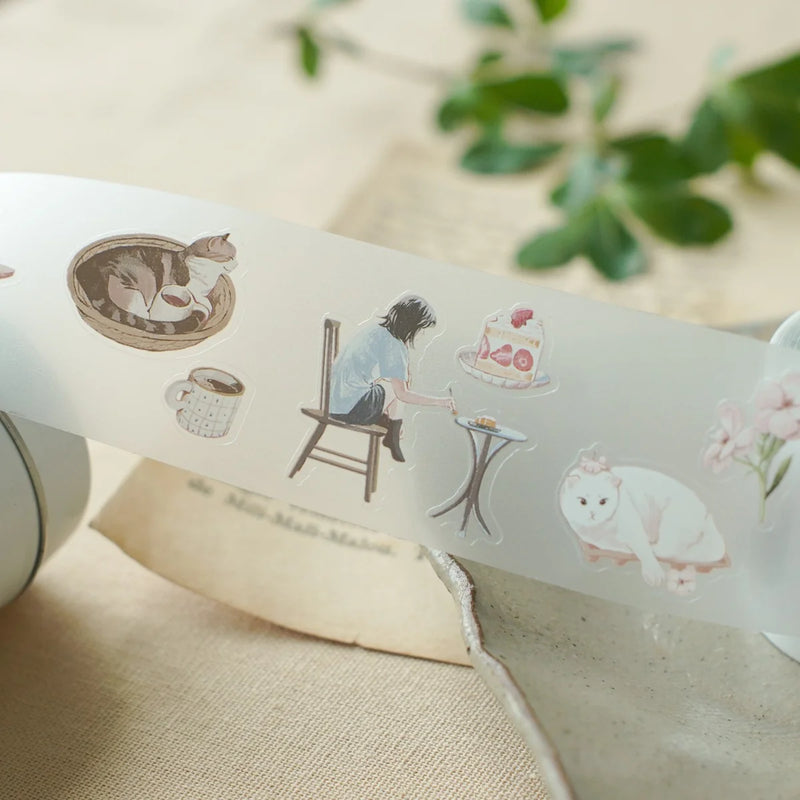 Aki No Heya PET Tape sticker sheet with a figure, cat and cozy room motifs on a textured surface
