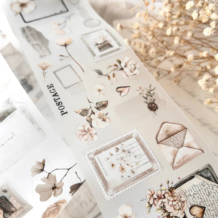 Love Letters PET Tape florals and stationery illustrations on a light backdrop, close-up detail